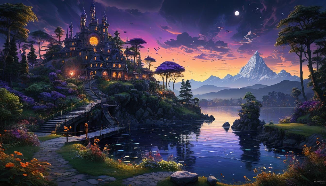 Adventurer Before Swirling Purple Portal on Floating Island