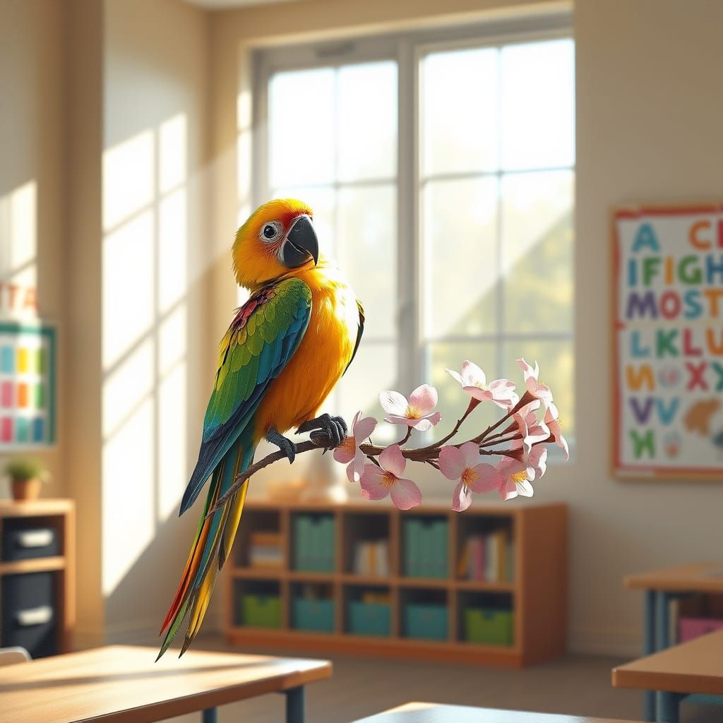 Whimsical Parrot in Chalk Pastels Classroom Scene