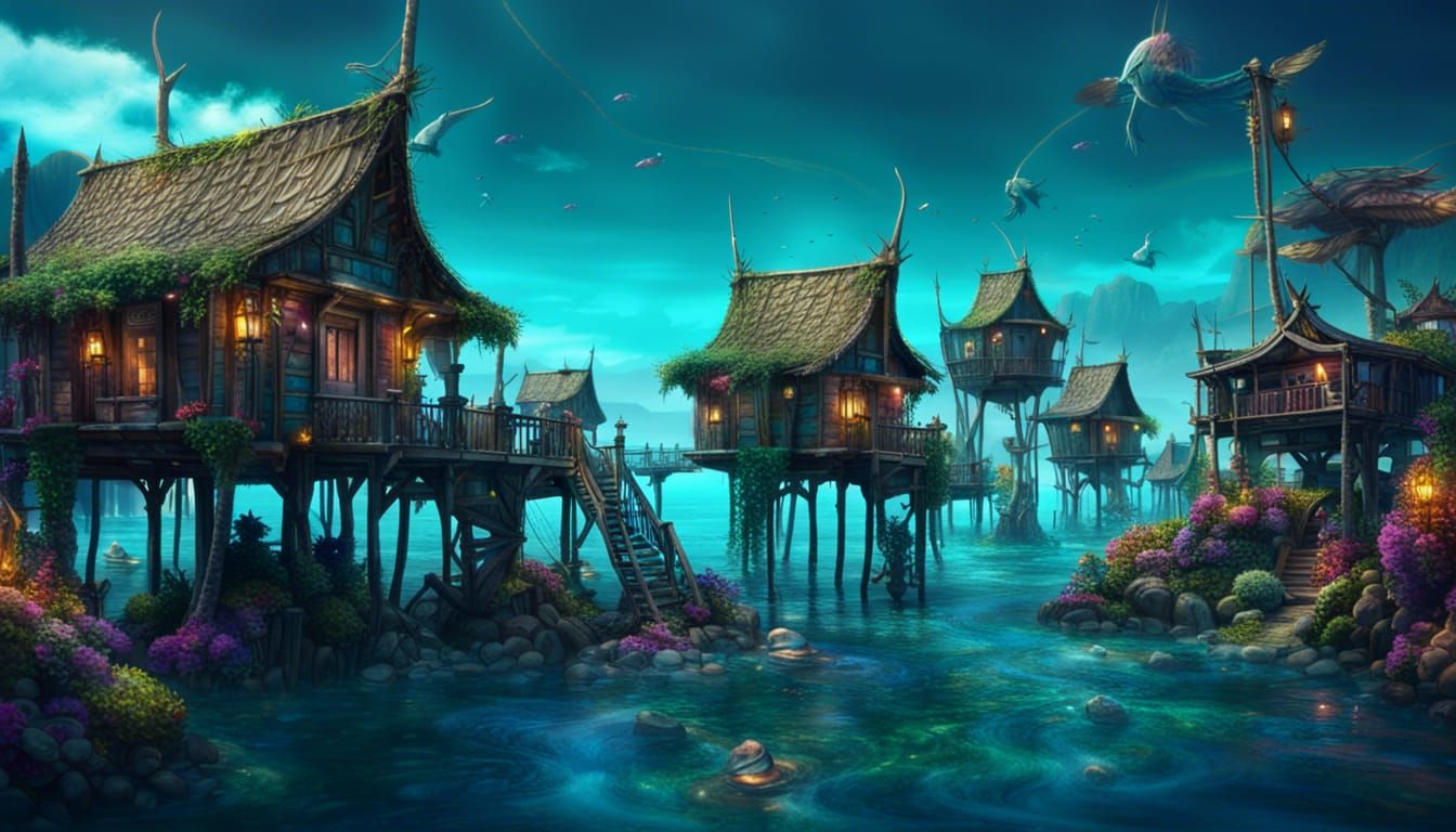 Fantasy Lagoon Village: Detailed Digital Art