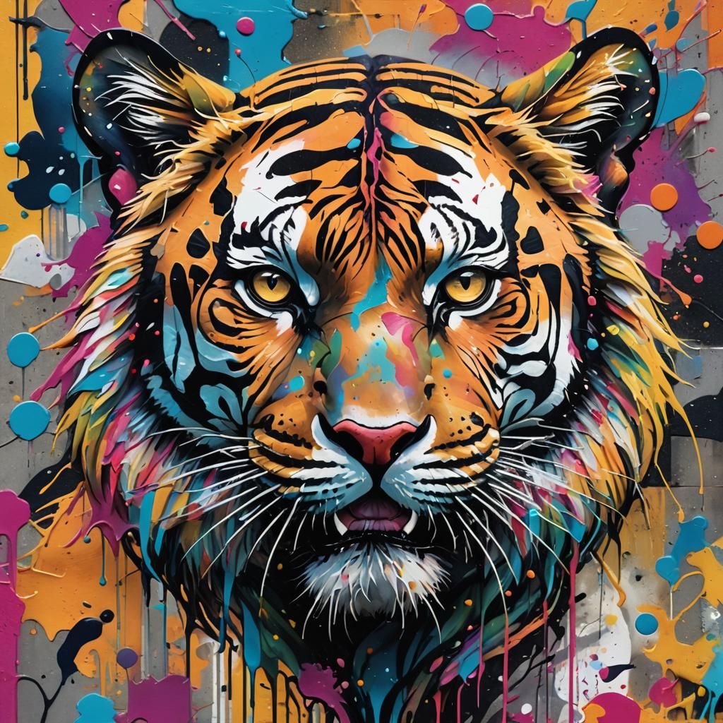 Colorful Tiger Face in Vibrant Street Art