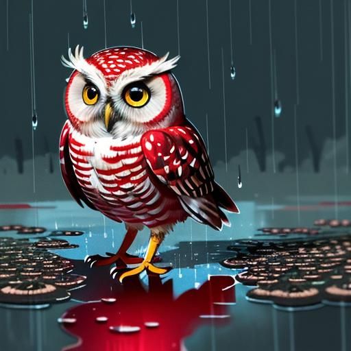 Tiny Owl in Red Boots Standing in Puddle