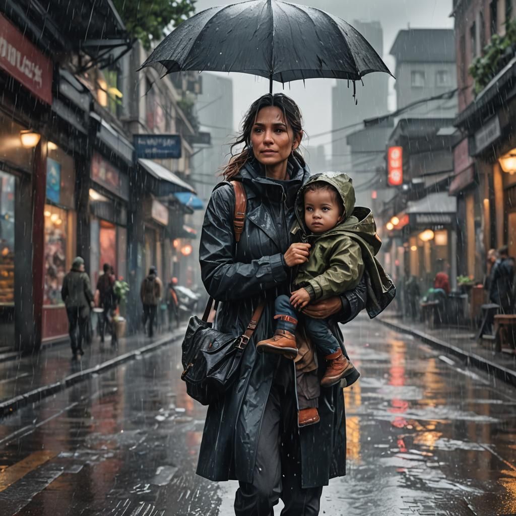 Mother and Child in Rainy Fantasy Art