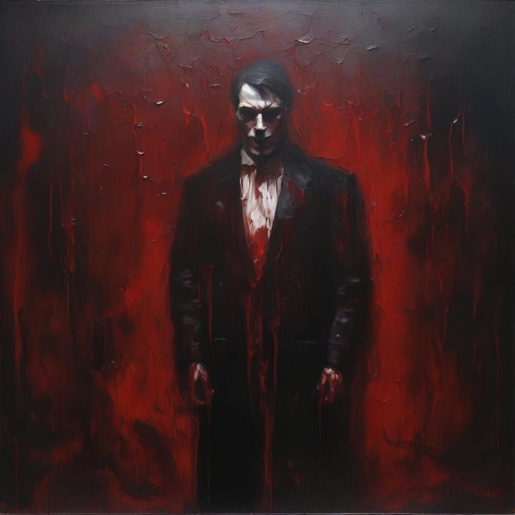 Gothic Vampire of Red Wine in Dark Cellar Oil Painting