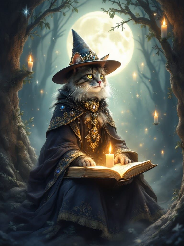 Mystical Feline Sorcerer in a Glowing Forest