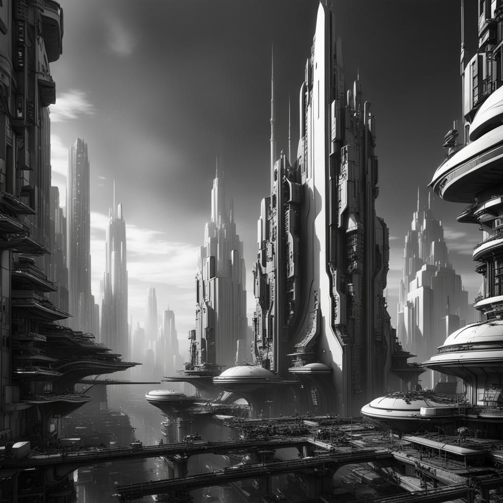 Monochrome Futuristic Cityscape Concept Art