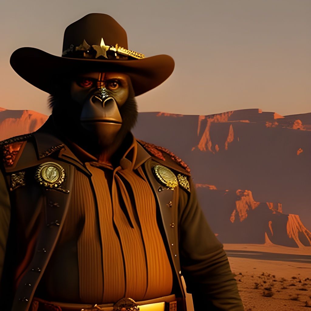 Cowboy Gorilla Gunslinger in Desert Sunset