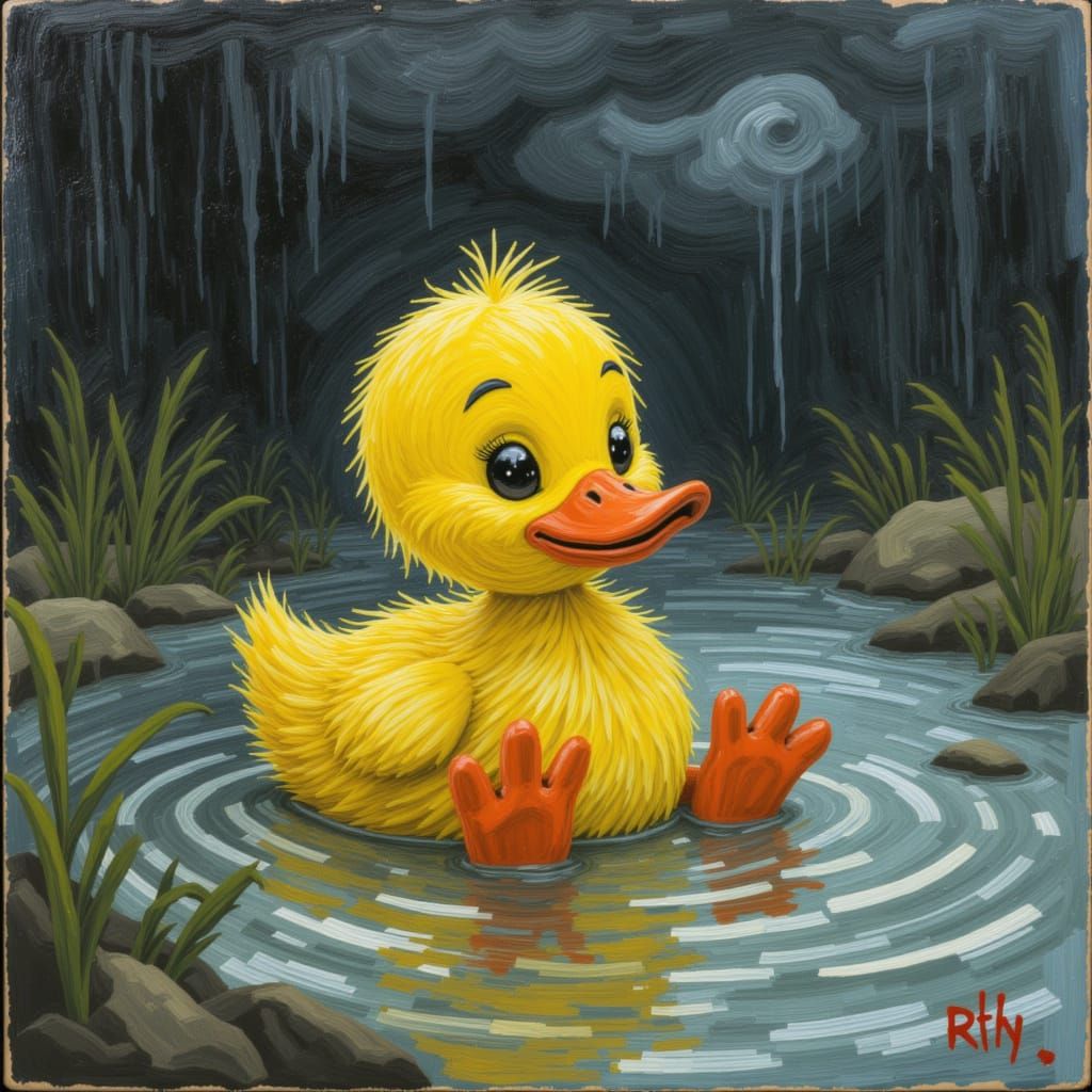 Duckling Sunbathing in Rainwater Pool in Disturbed Paint Sty...