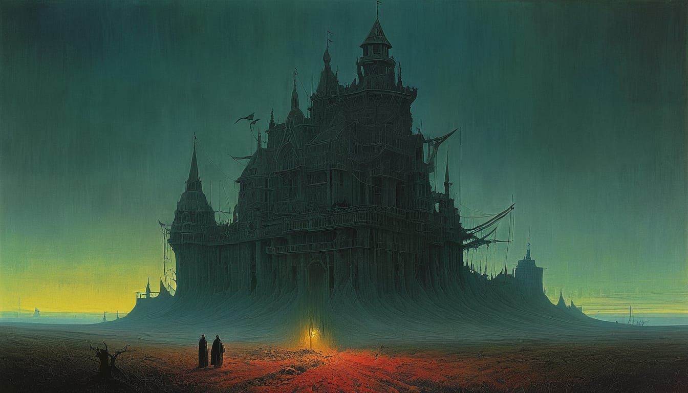 Faust and Mephistopheles in Dark, Haunting Academic Scene