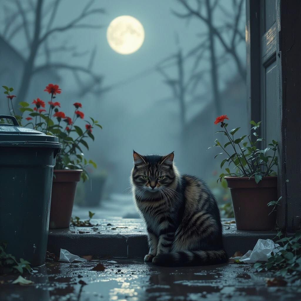 Solitary Tabby Cat on Rainy Doorstep