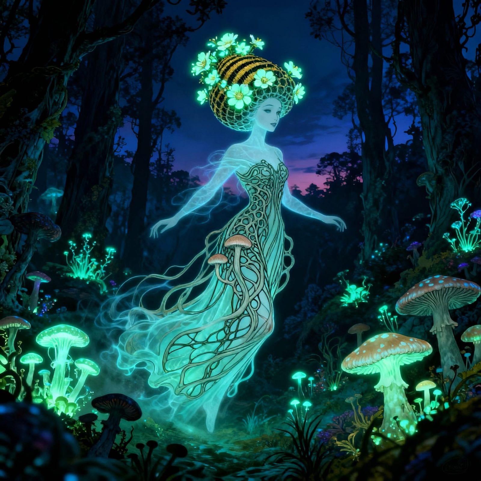 Ethereal Spectral Lady in Bio-luminescent Forest