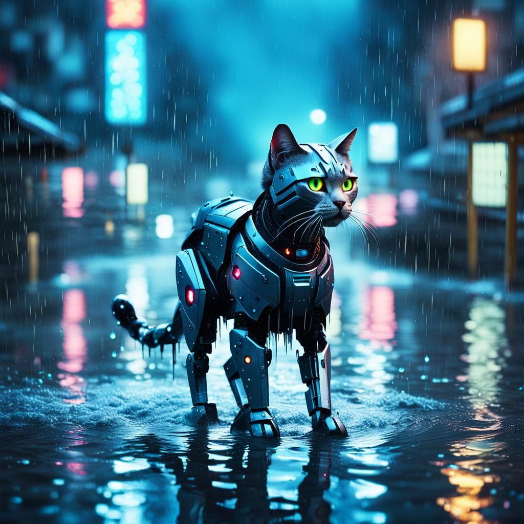 Moody Futuristic Cityscape at Night in Rainy Conditions