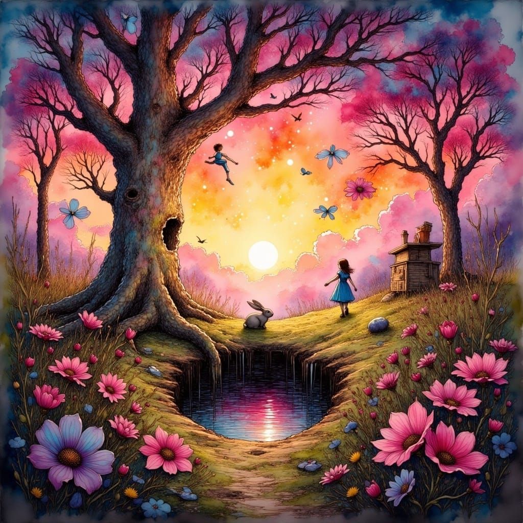 Alice Chasing Rabbit into Hole, Psychedelic Fantasy Art