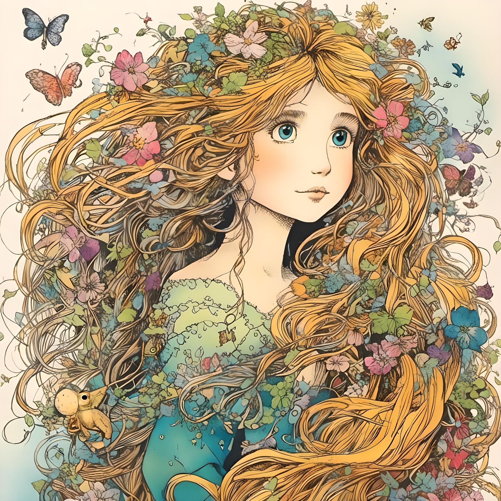 Rapunzel and Animals in Grotesque Whimsical Style