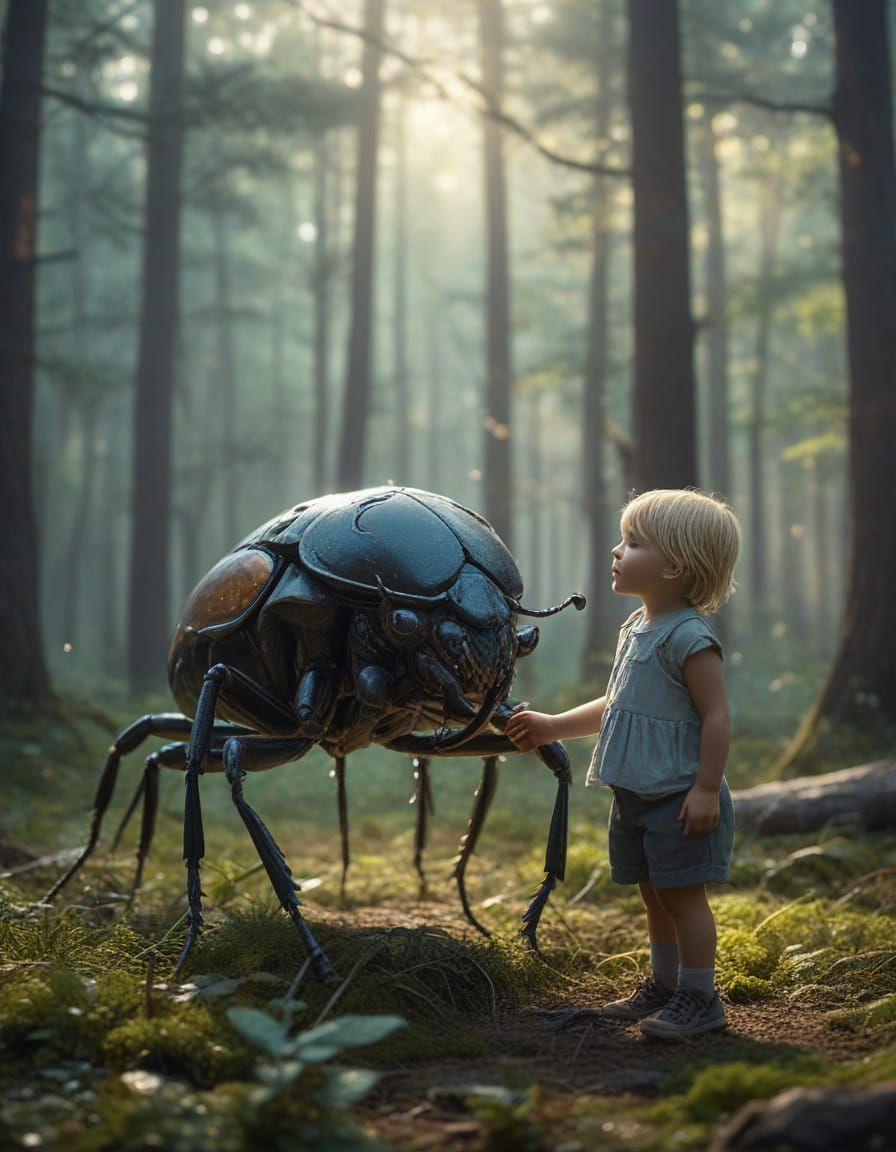 Child Befriends Bioluminescent Beetle in Misty Forest