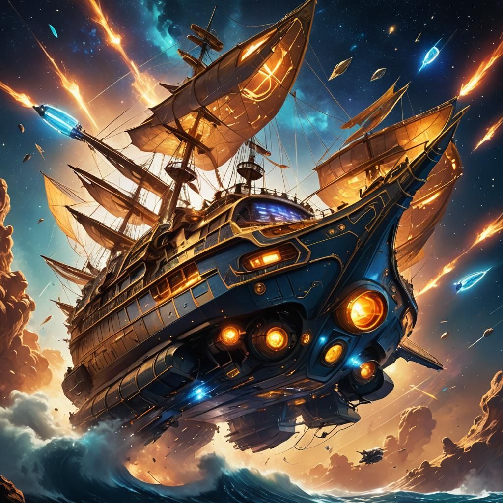 Fantasy Pirate Ship Sailing Through Stars in Sci-Fi Art