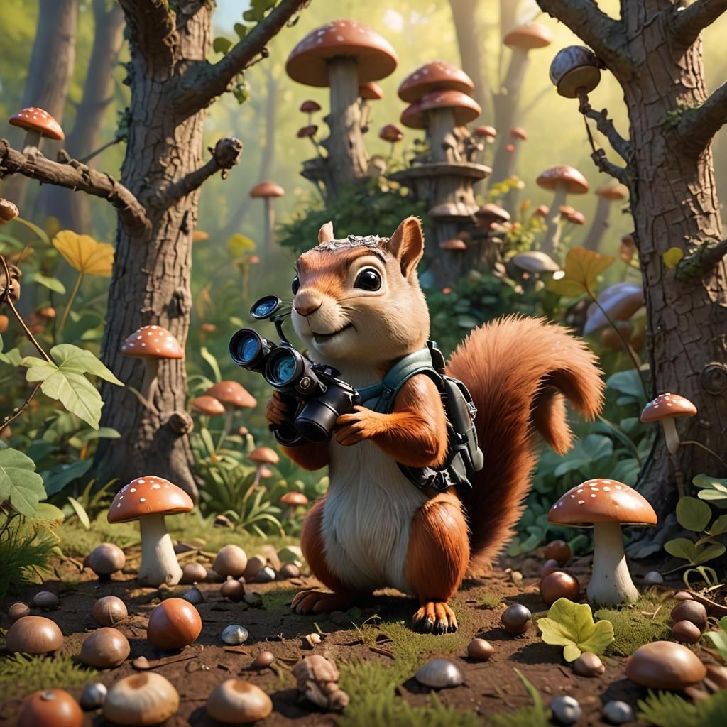 Squirrel with Acorn Binoculars in Pixar Style