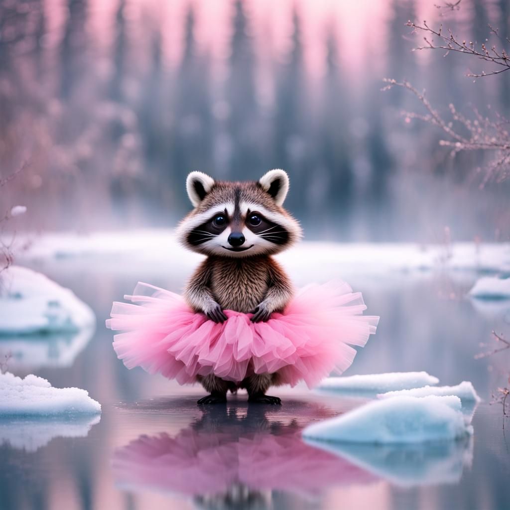 Smiling Raccoon Bobblehead on Frozen Lake