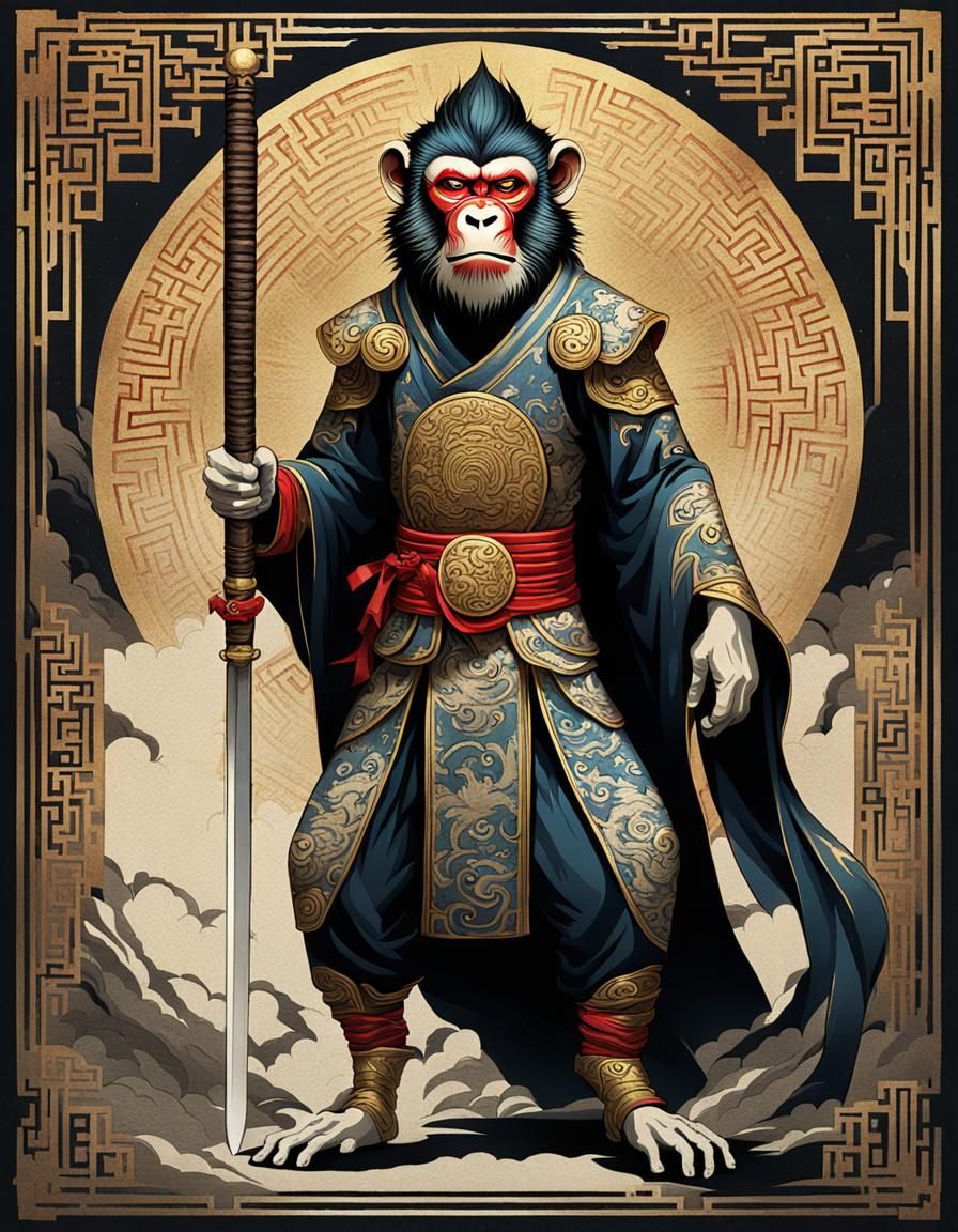Art Deco Sun Wukong in Dark Fantasy Style