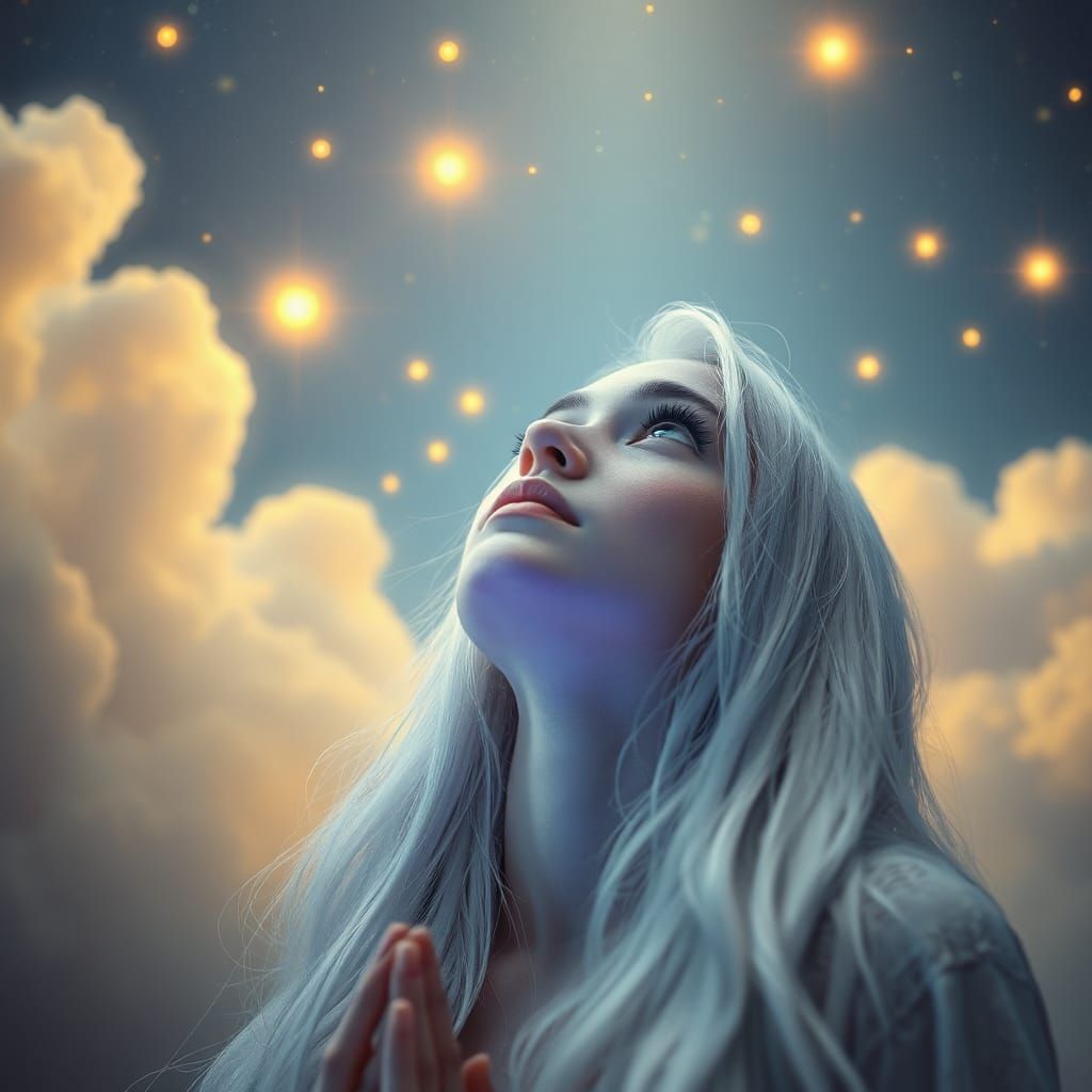 Ethereal Woman Praying in Dreamy Celestial Scene