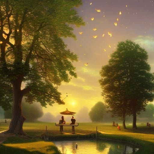 Farmhouse Scene with Duck Pond in Detailed Painting Style