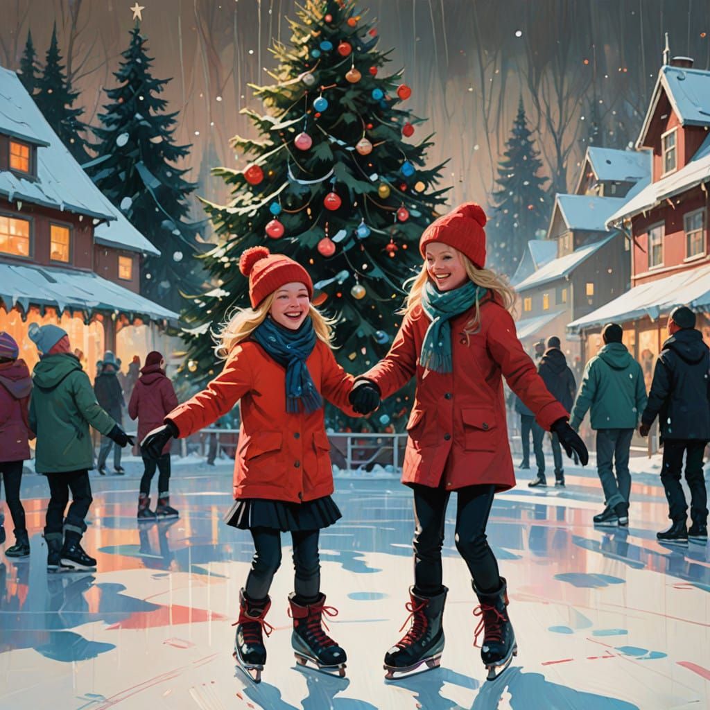 Young Girl and Sister Twirl on Ice in Vibrant Swedish Winter...
