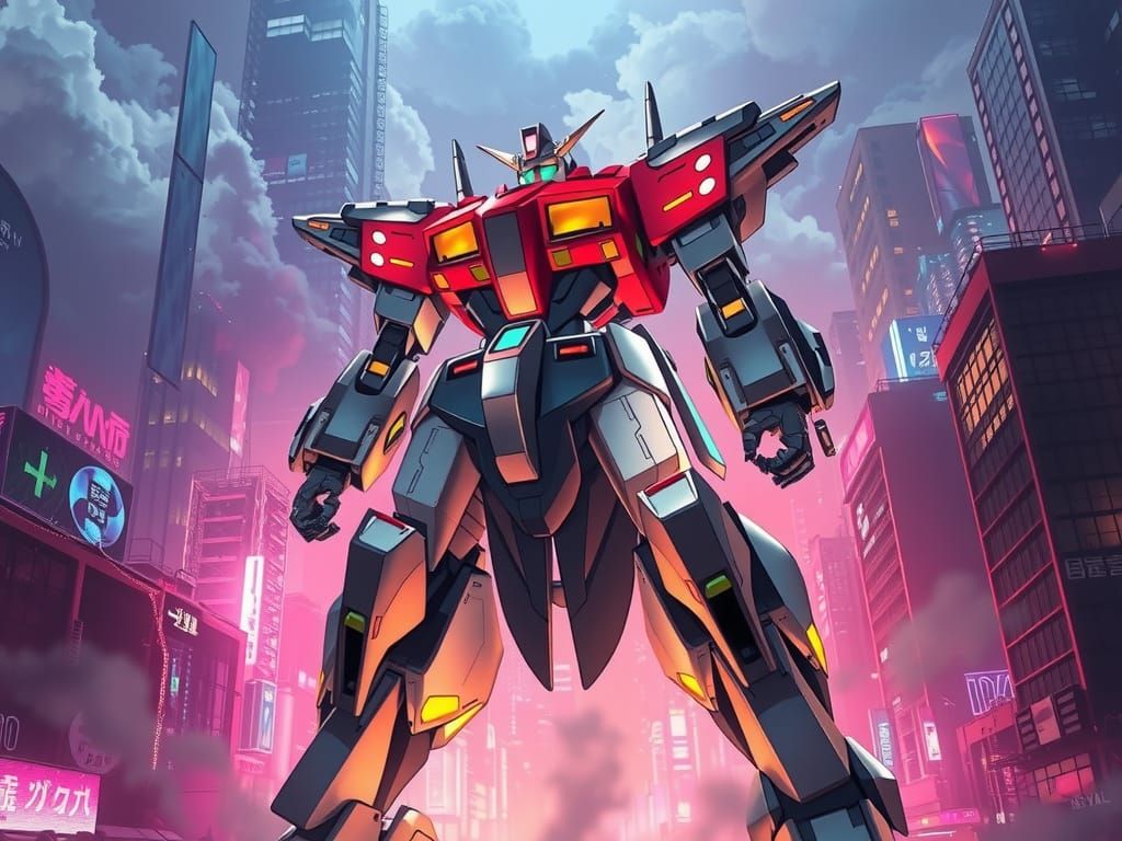 Colossal Mecha in Vibrant Futuristic Cityscape