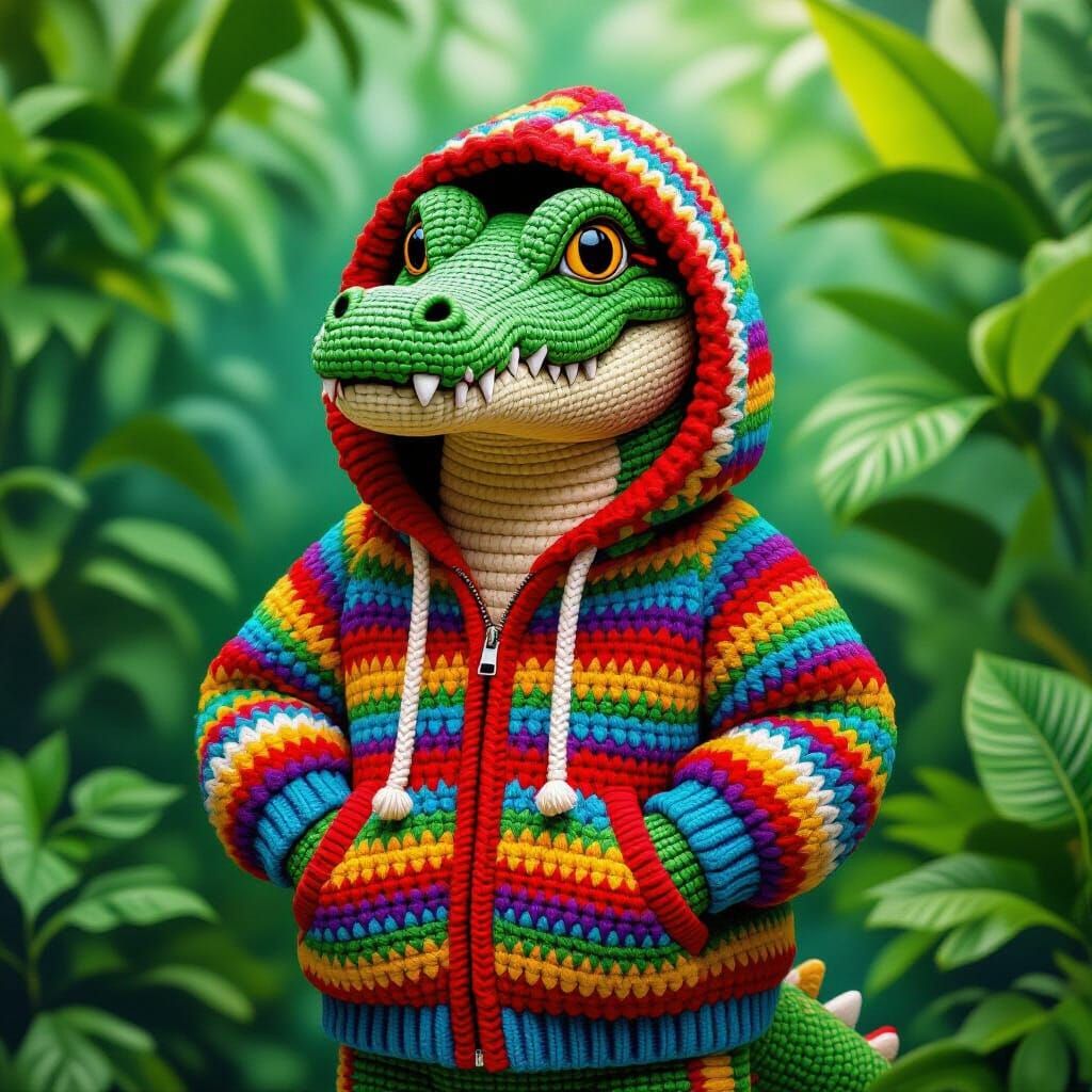 Crocodile in Crocheted Hoodie, Surreal Pop Art