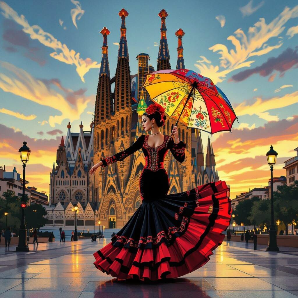 Flamenco Dancer at Sagrada Familia in Surreal Style