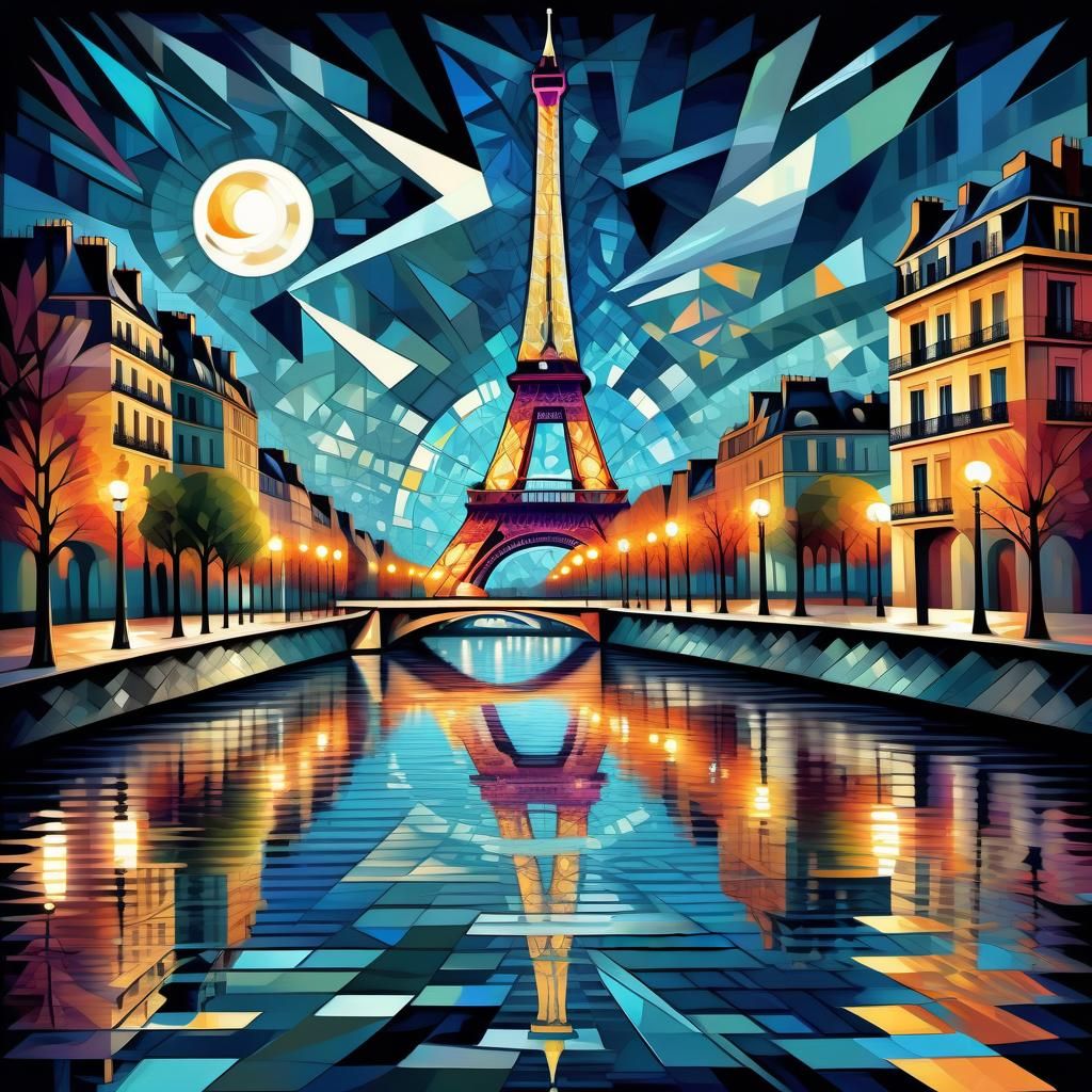 Cubist Eiffel Tower Reflected in Seine River