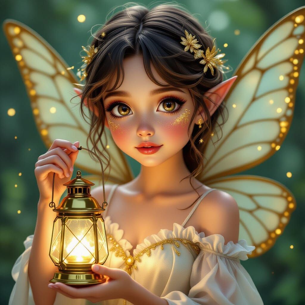 Hyperrealistic Fairy with Lantern in Gold Light