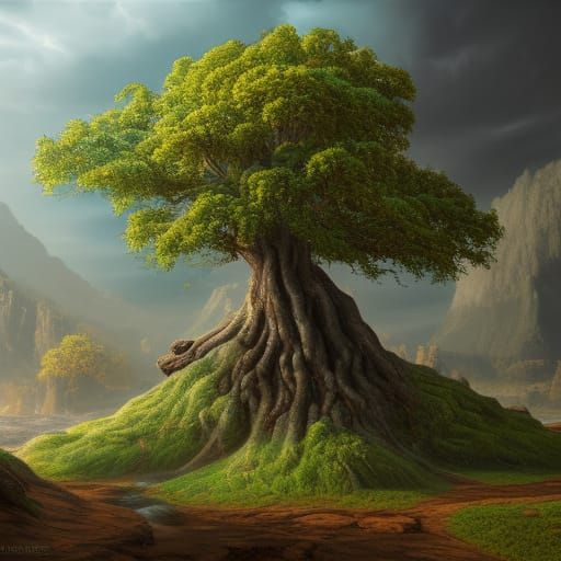 Detailed Oak Tree Matte Painting in Fantasy Style