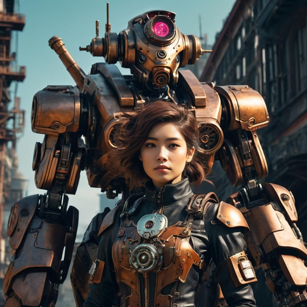 Steampunk Mecha Pilot on Mecha Shoulder