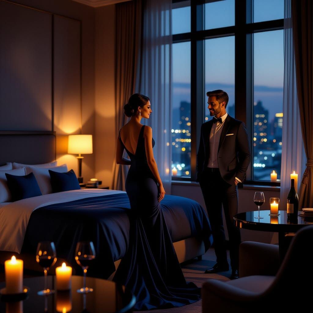 Elegant Hotel Room Scene with Woman in Evening Gown