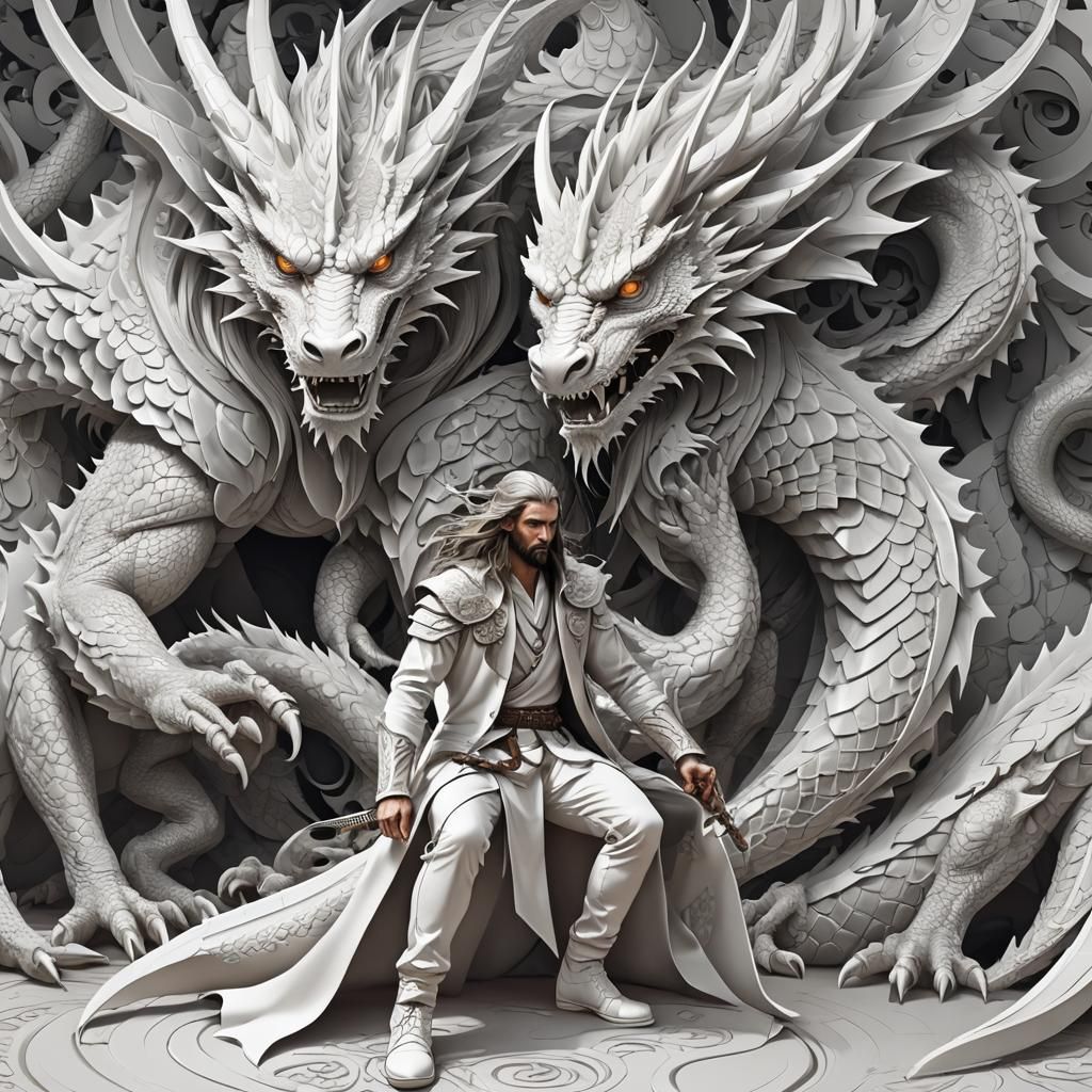 White Dragon Crouching with Man in Zentangle Style