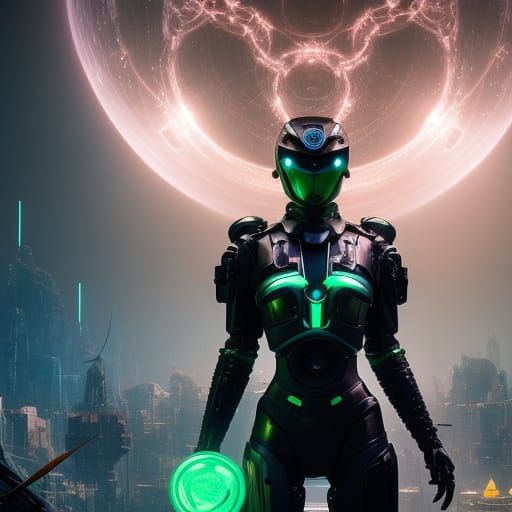 Menacing Titanium Robot Kneeling in Ball of Energy