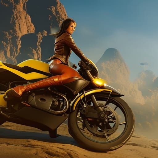 Anime Woman Rides Motorcycle Through Stormy Sky