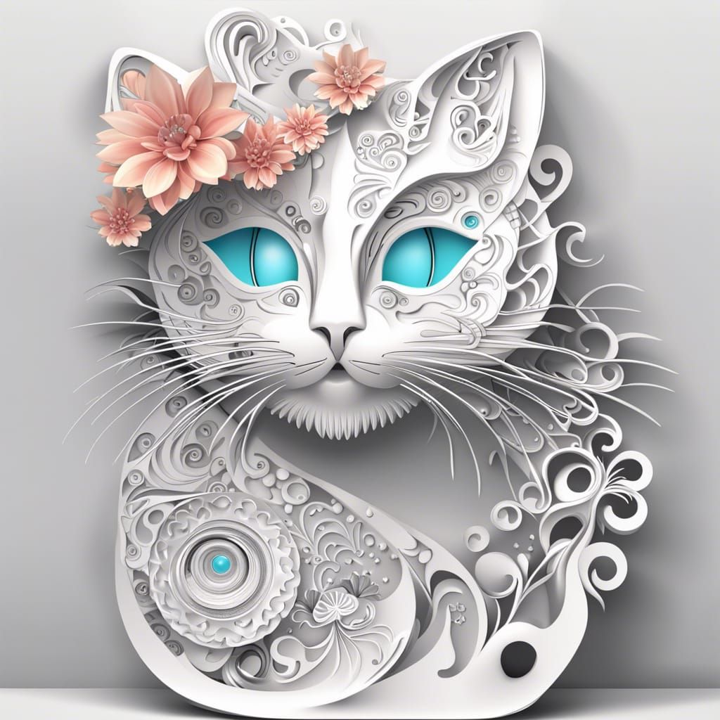 3D Cat with Flowers in Abstract Fractal Style