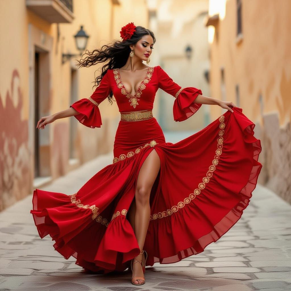 Flamenco Dancer in Red Dress, Hyperrealistic Digital Art
