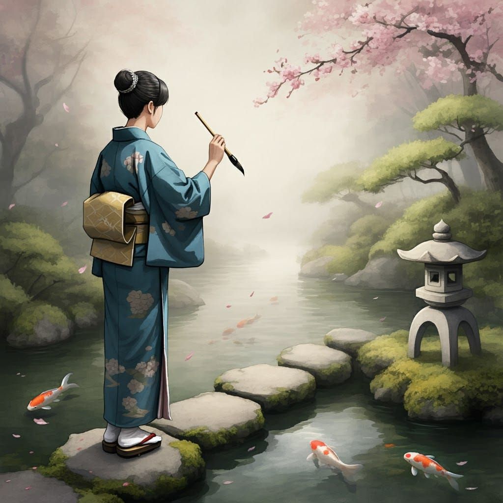 Japanese Sage in Zen Garden, Sumi-e Style