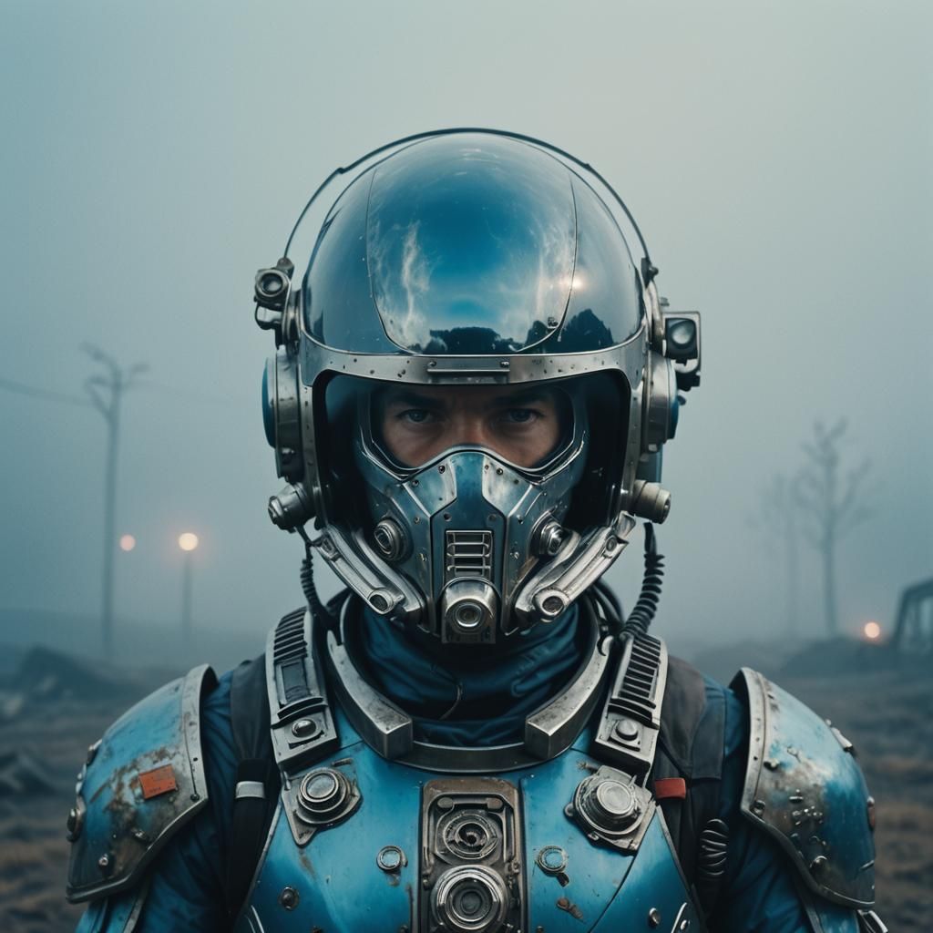 Biomechanical Astronaut in Wasteland: Cinematic Film Still