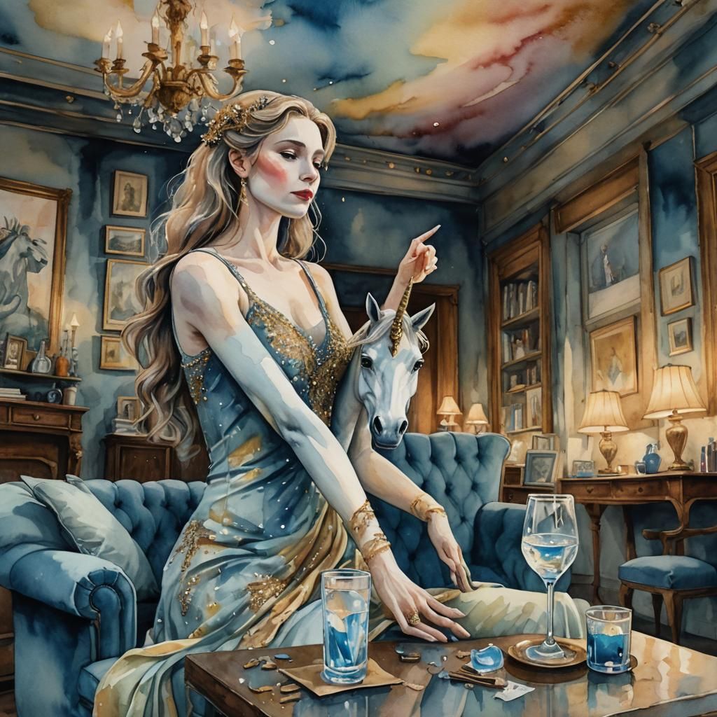 Expressionist Theater Art: Glass Unicorn in Watercolor