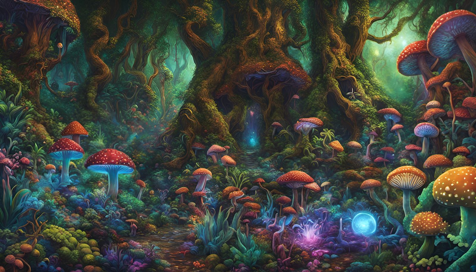 Psychedelic Jungle Wonderland with Trippy Mushrooms