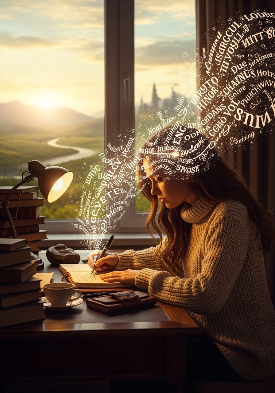 Author Writing Magical Words in Golden Hour Light