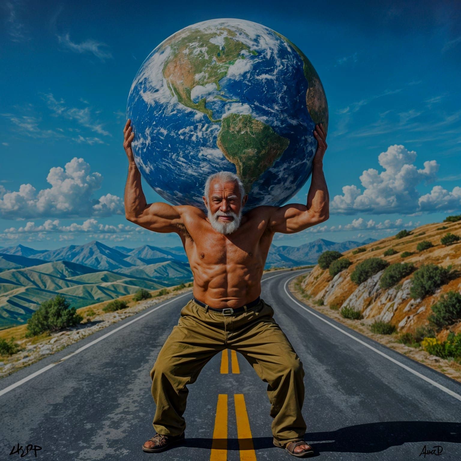 Elderly Man Holding Earth Sphere with Mighty Strength