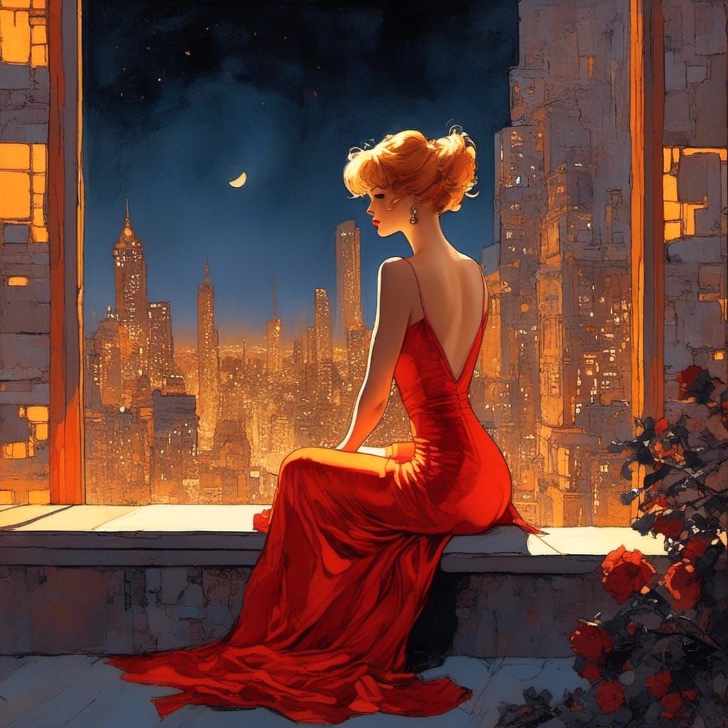 Woman in Red Dress, Comic Book Illustration