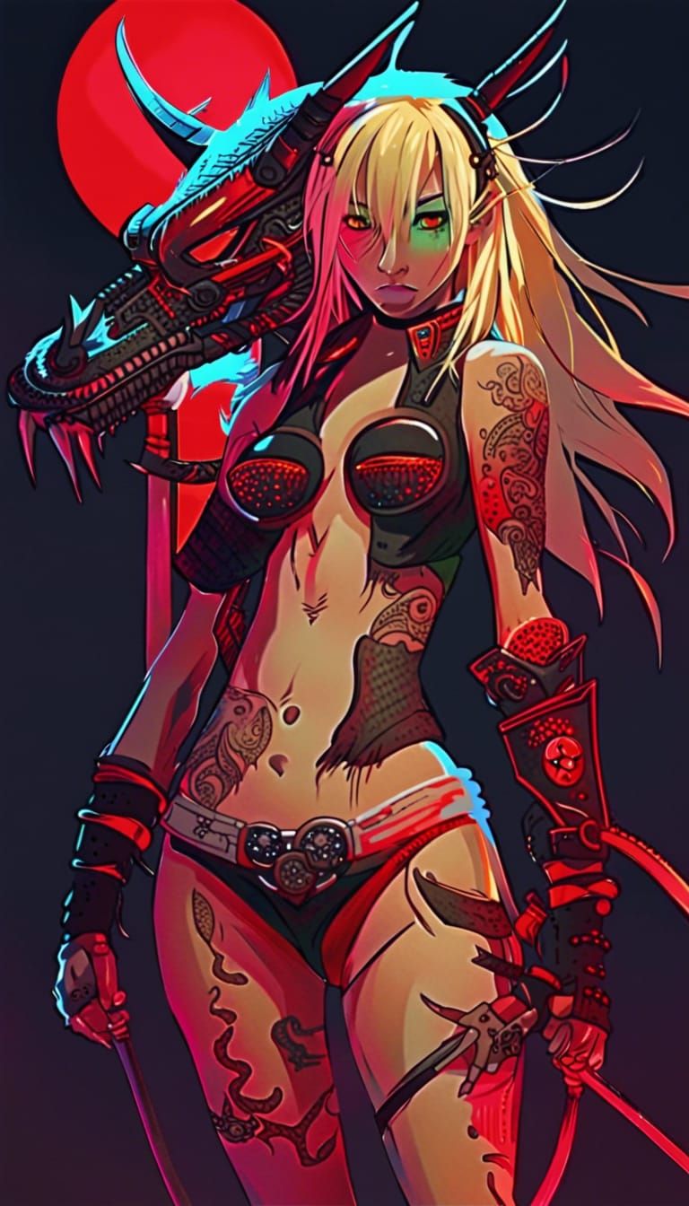 Cyberpunk Samurai Dragon Girl with Red Moon