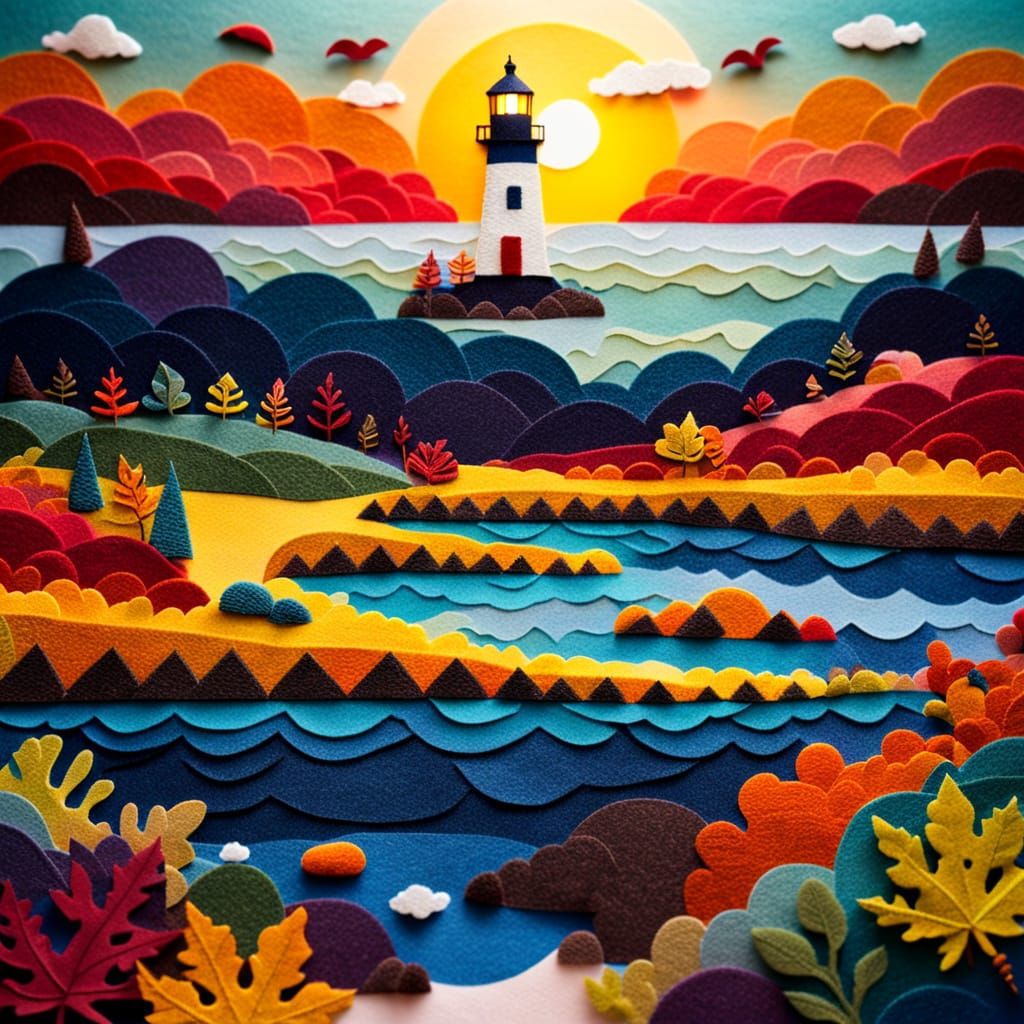 Fuzzy Felt Autumn Seascape Sunset Collage