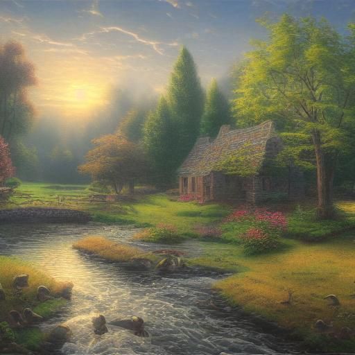 Riverside Farmhouse Matte Painting with Stone Bridge