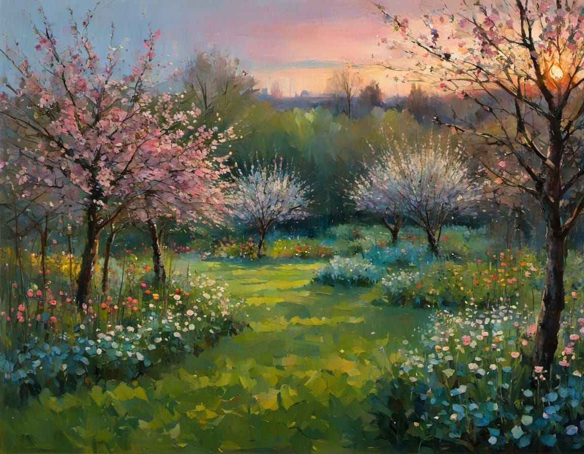 Blossoming Apple Garden in Soft Evening Light, Inspired by E...