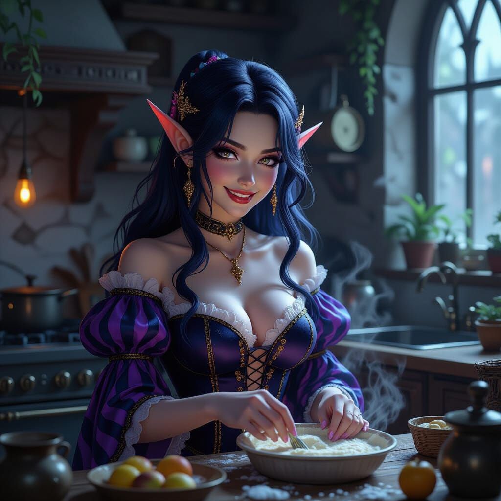 Gothic Elf Baker in Detailed Fantasy Kitchen